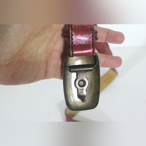 Vintage Red Leather Belt with Gold Statement Buckle Made in USA Black Topstitchi - Picture 10 of 10